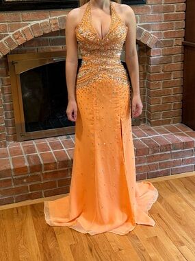 Precious Formals Orange Halter Prom Gown with Crystal Accents